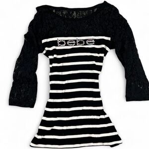 bebe Black & White Striped Lace-Sleeve Top